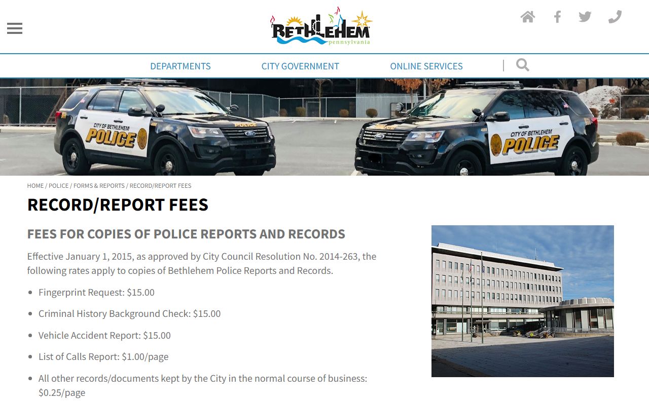 Bethlehem Police record and report fee schedule for arrest records requests