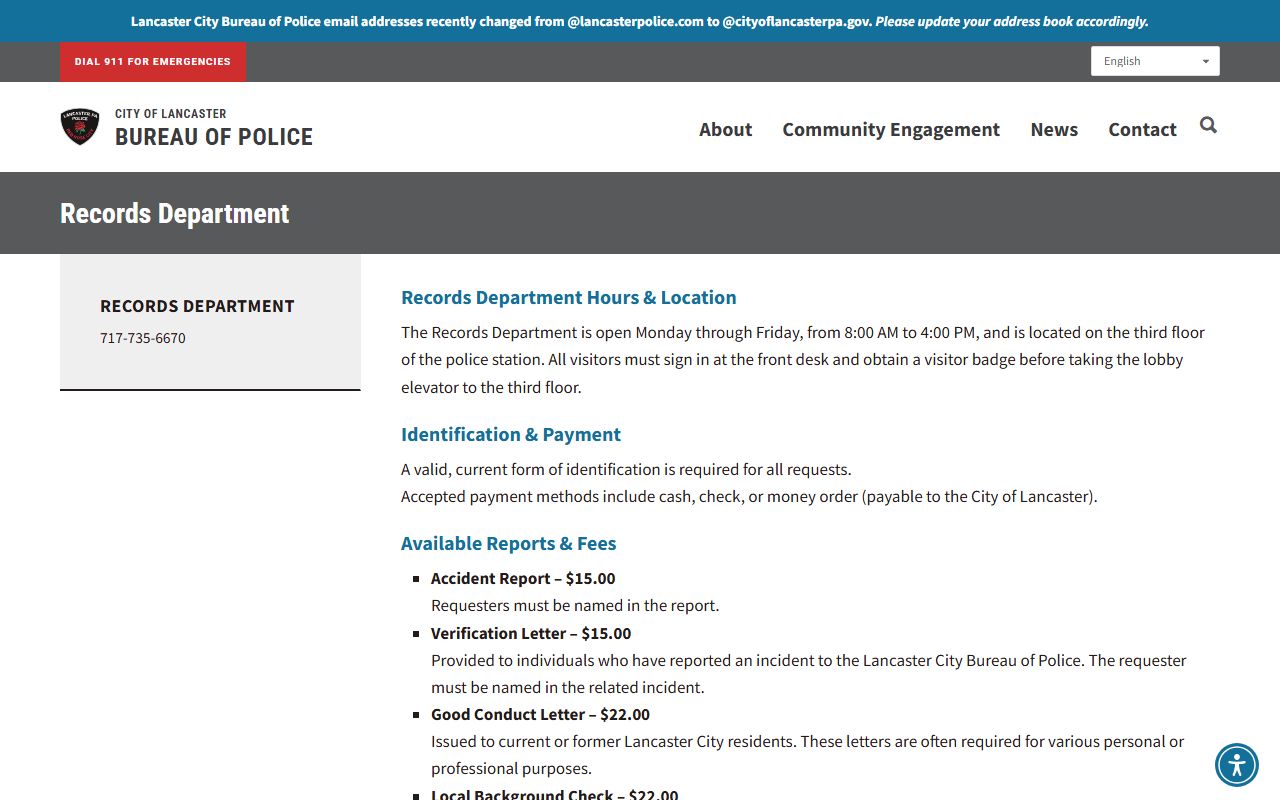 Lancaster City Police records office for arrest records requests