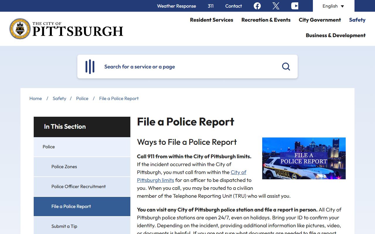 Pittsburgh Bureau of Police records unit for Pittsburgh arrest records