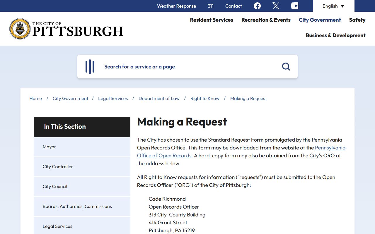 Pittsburgh open records officer for Pittsburgh arrest records requests