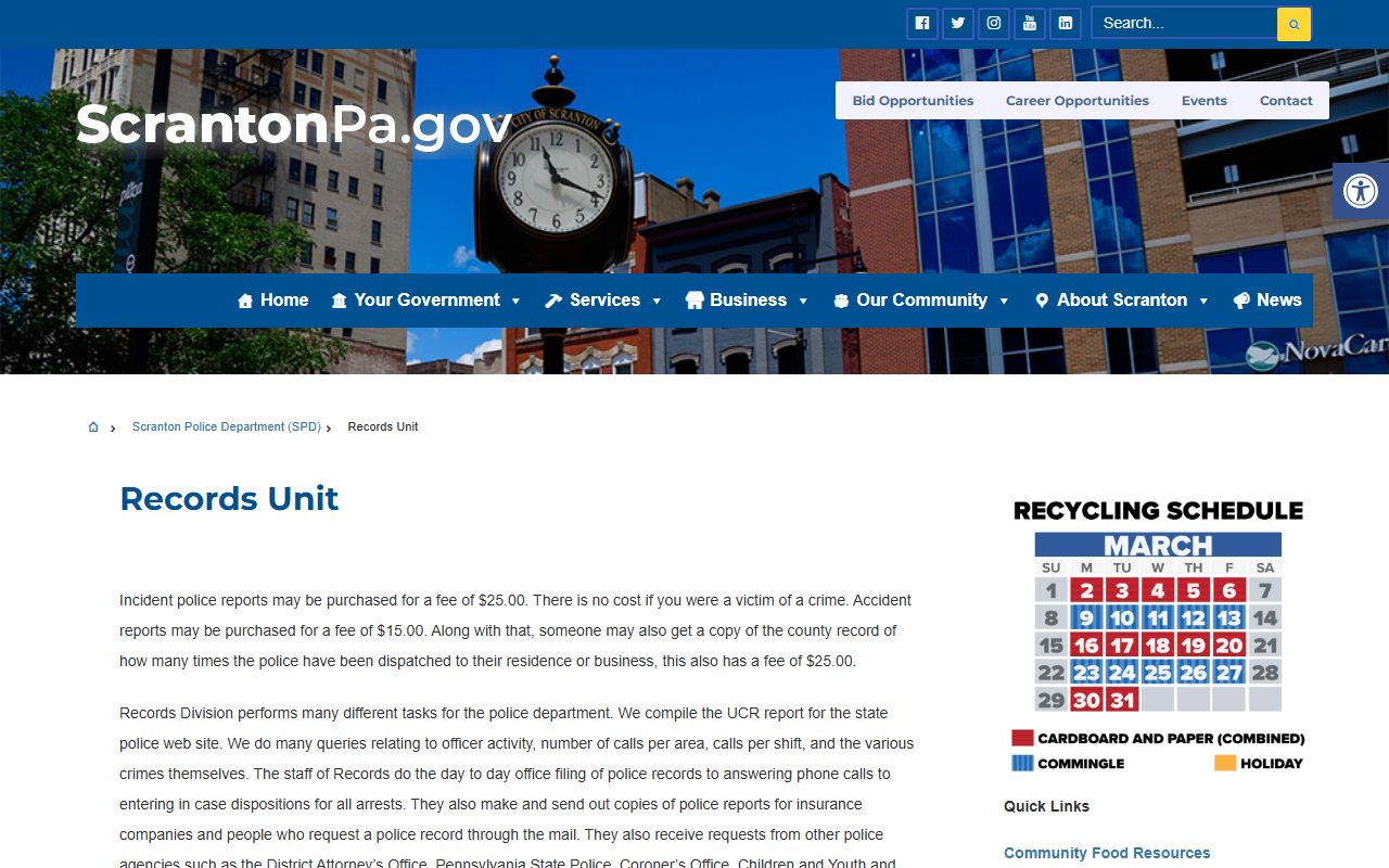 Scranton Police Department Records Unit for arrest records requests