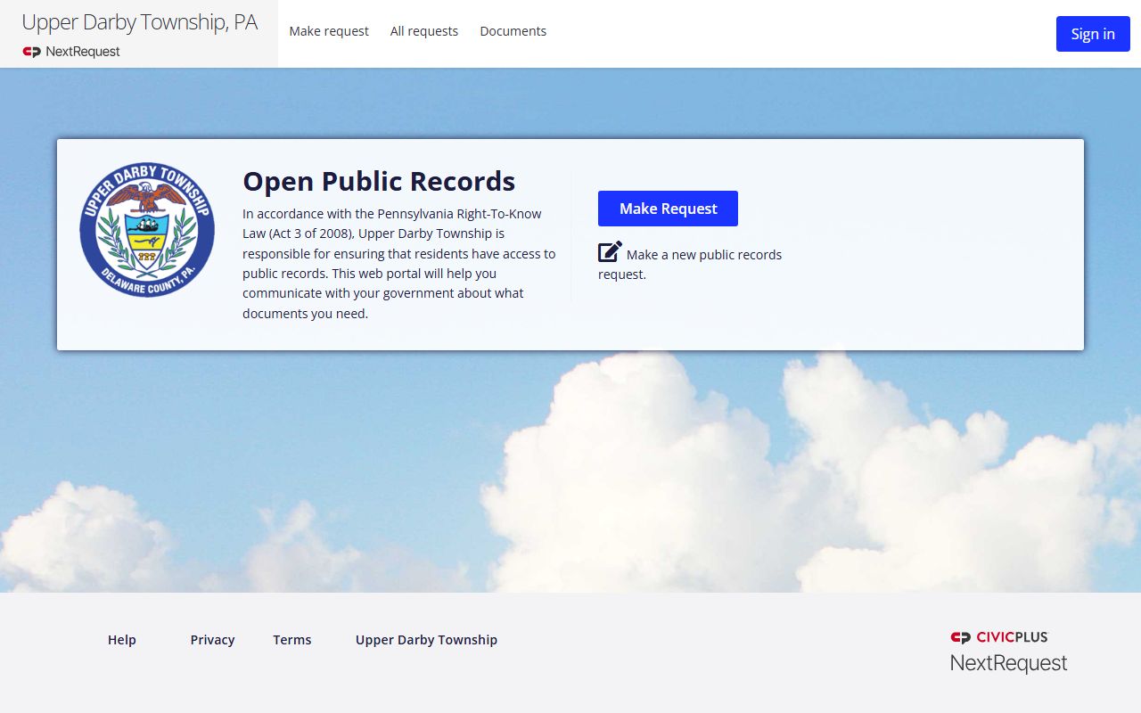 Upper Darby Township NextRequest open records portal for arrest records