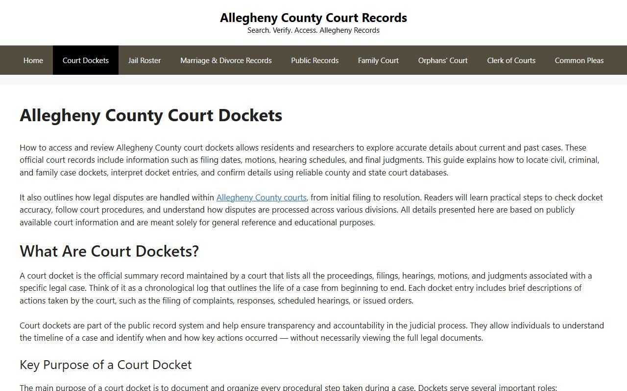 Allegheny County court dockets page for arrest records