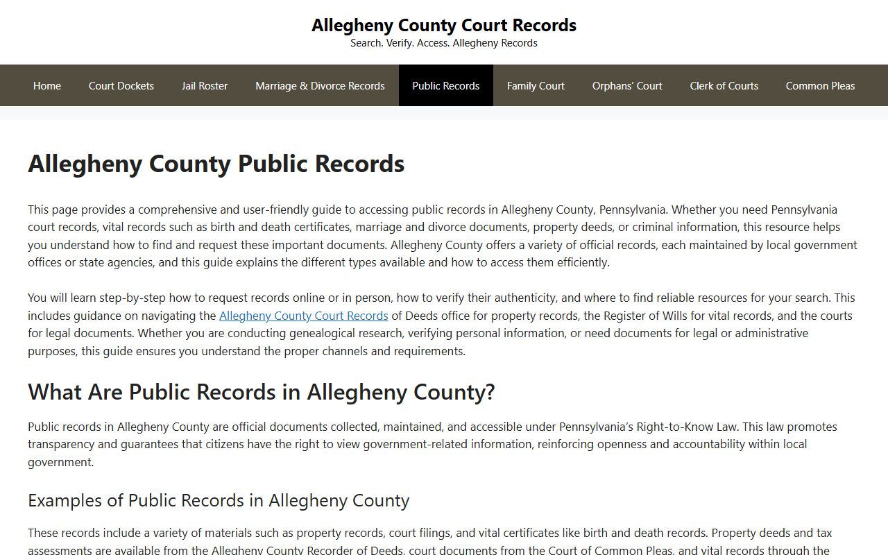 Allegheny County public records policy page for arrest records