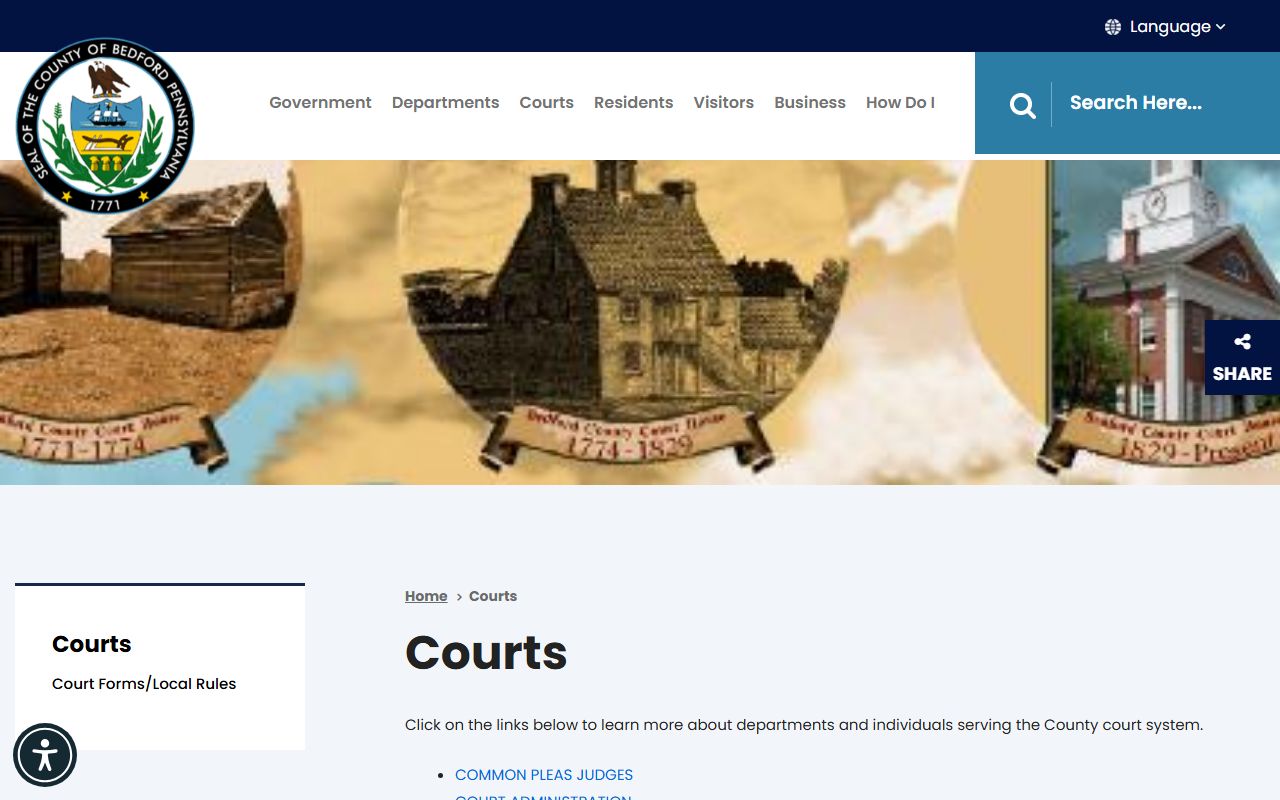 Bedford County Courts page showing arrest records resources