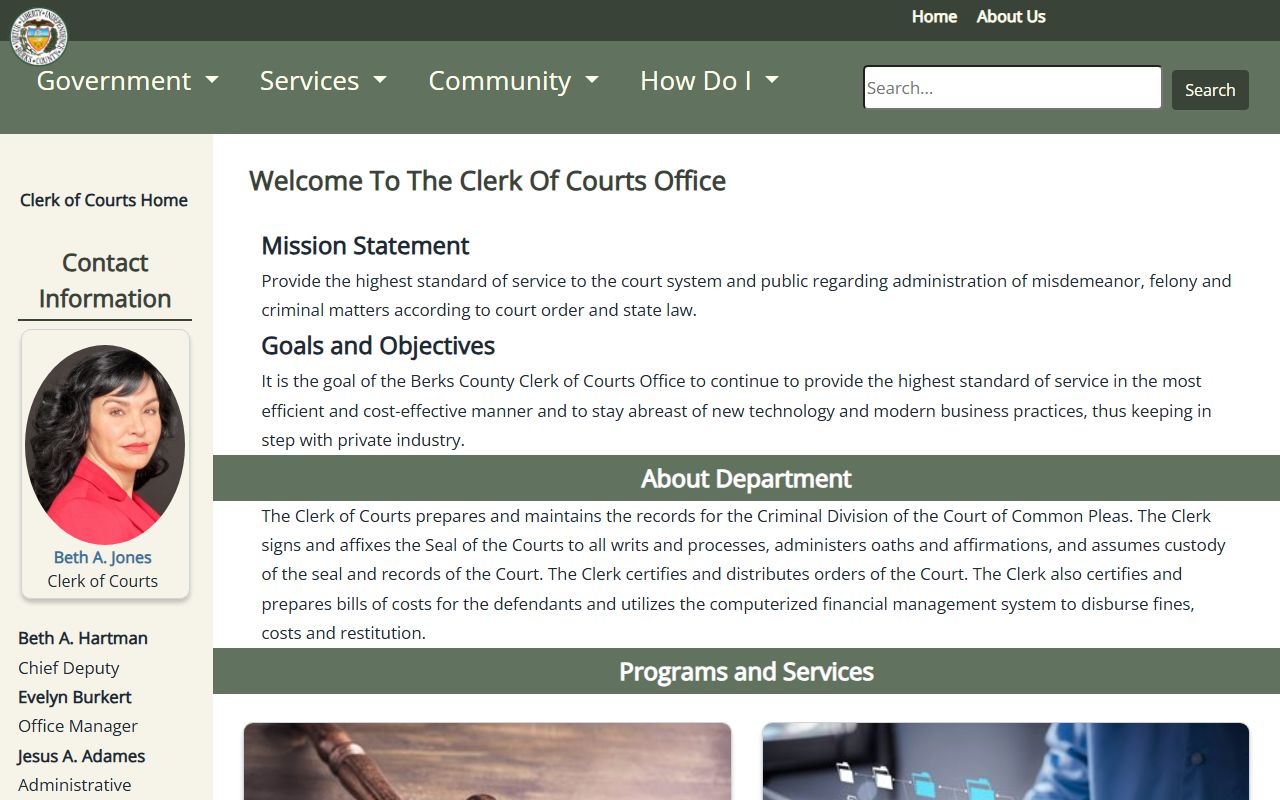 Berks County Clerk of Courts page for Reading arrest records