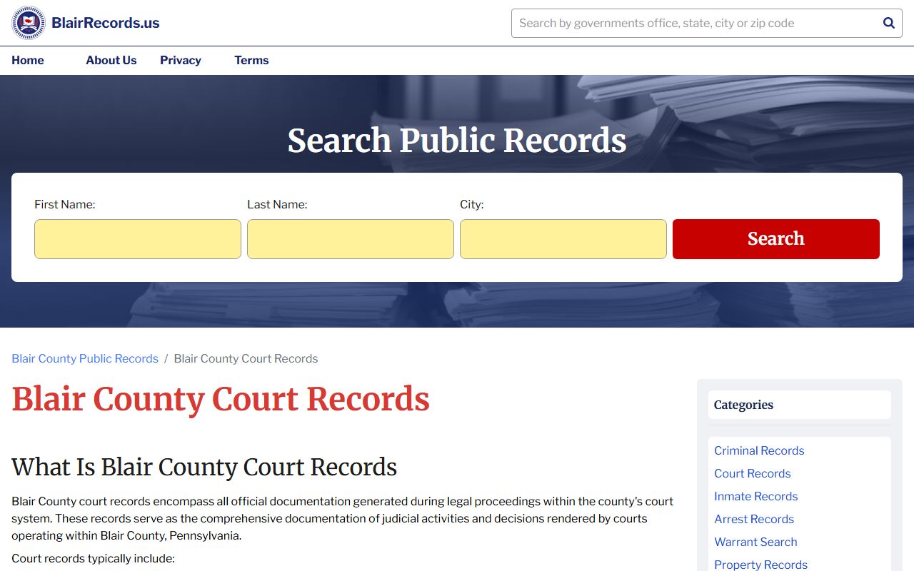 Blair County court records portal showing criminal case docket search for Blair County arrest records