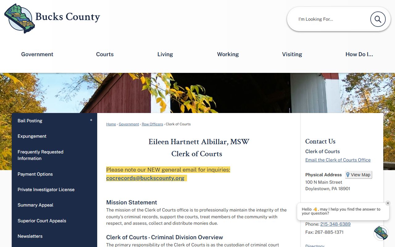 Bucks County Clerk of Courts website showing criminal record access in Doylestown Pennsylvania