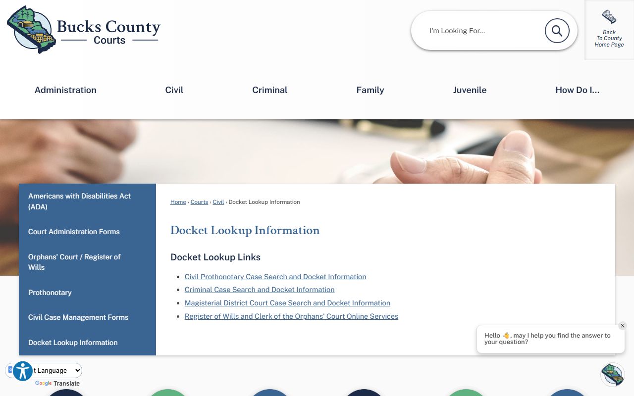 Bucks County docket lookup page showing how to search criminal case records in Doylestown Pennsylvania