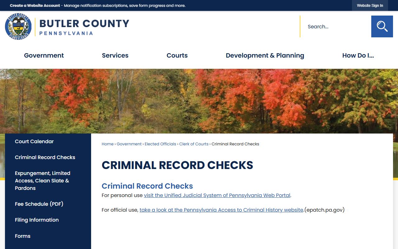 Butler County criminal record check page showing how to access arrest records and criminal history in Pennsylvania