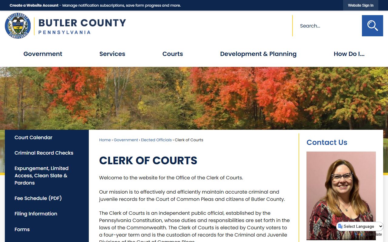 Butler County Clerk of Courts website showing criminal record maintenance and arrest records access in Pennsylvania