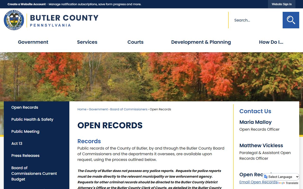Butler County open records office page showing how to request criminal history and arrest records in Pennsylvania