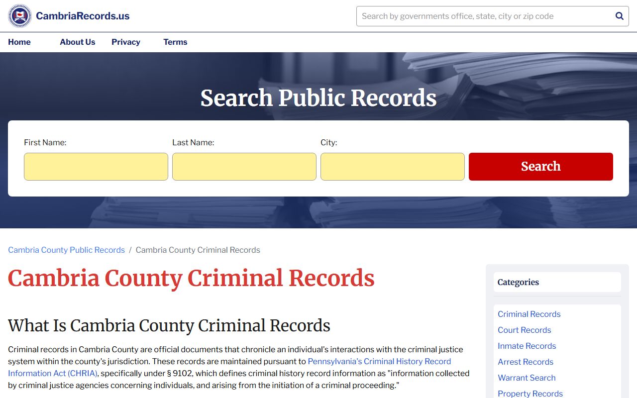Cambria County Clerk of Courts website for criminal and arrest records