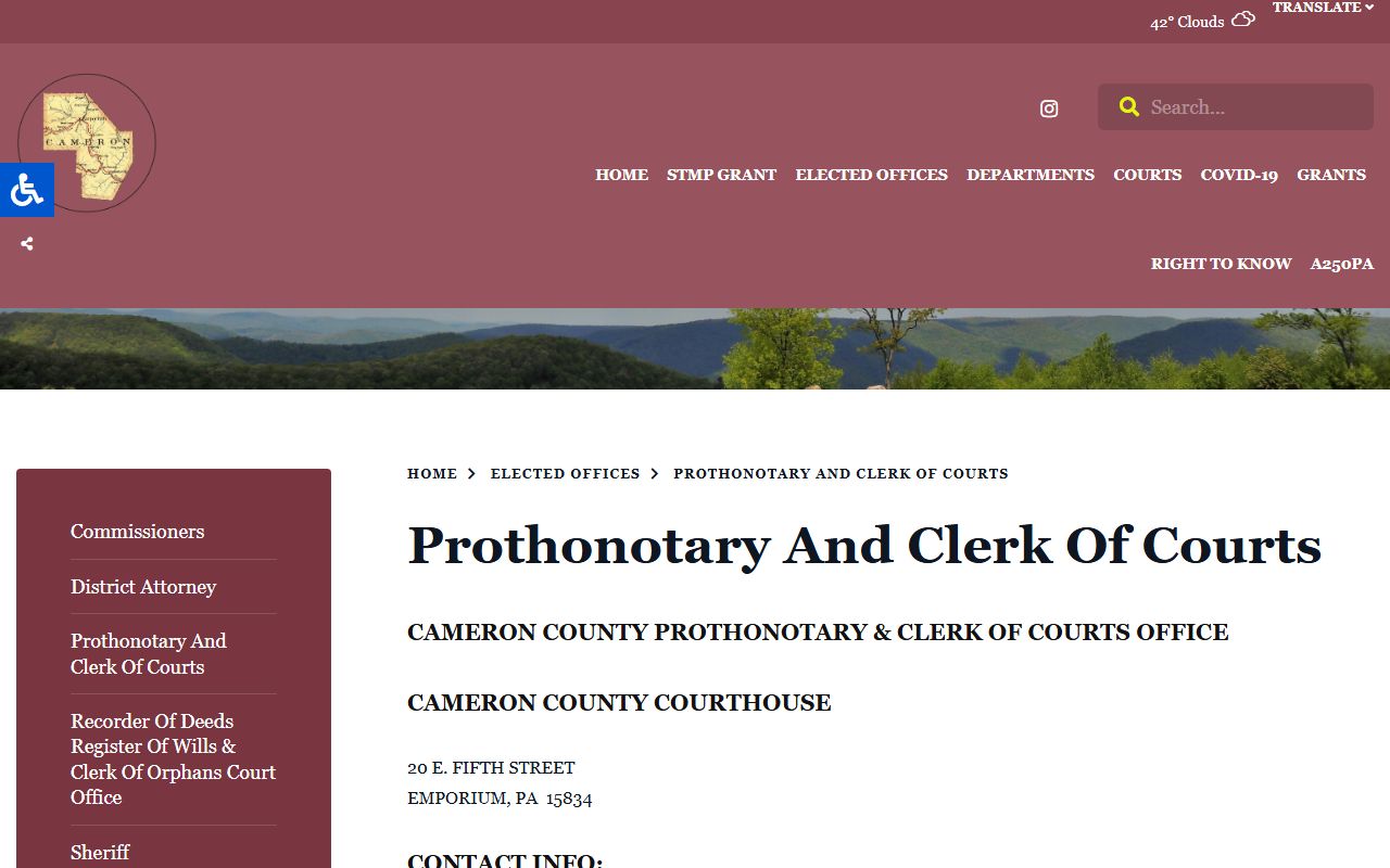 Cameron County Prothonotary and Clerk of Courts website for arrest records