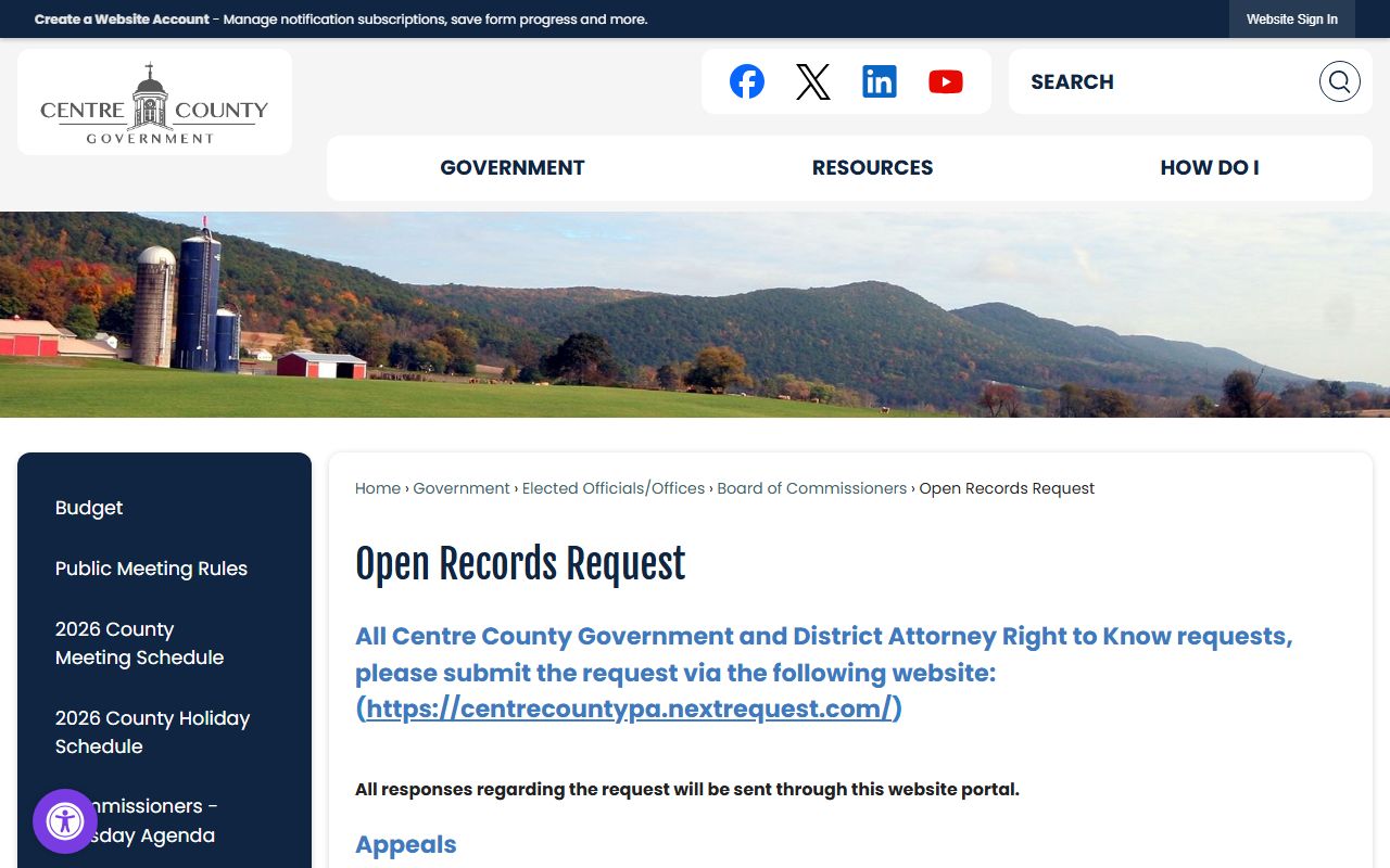 Centre County Open Records Request portal for criminal and arrest record access