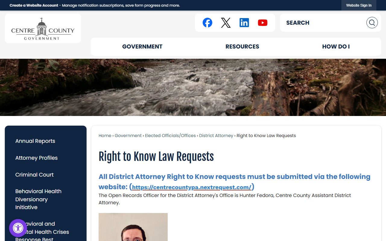 Centre County Right-to-Know Law request process for arrest and criminal records