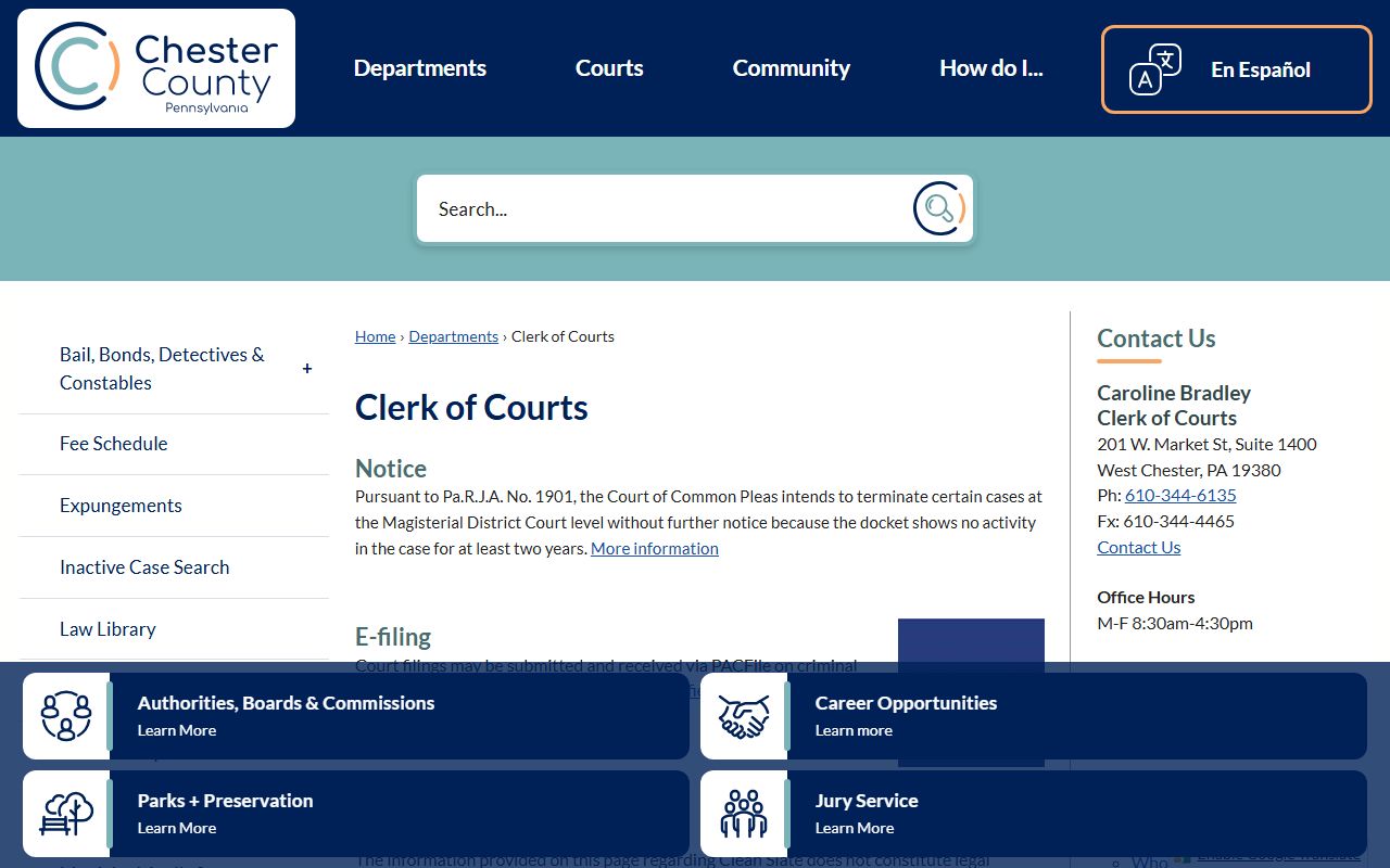 Chester County Clerk of Courts website for criminal and arrest records in West Chester
