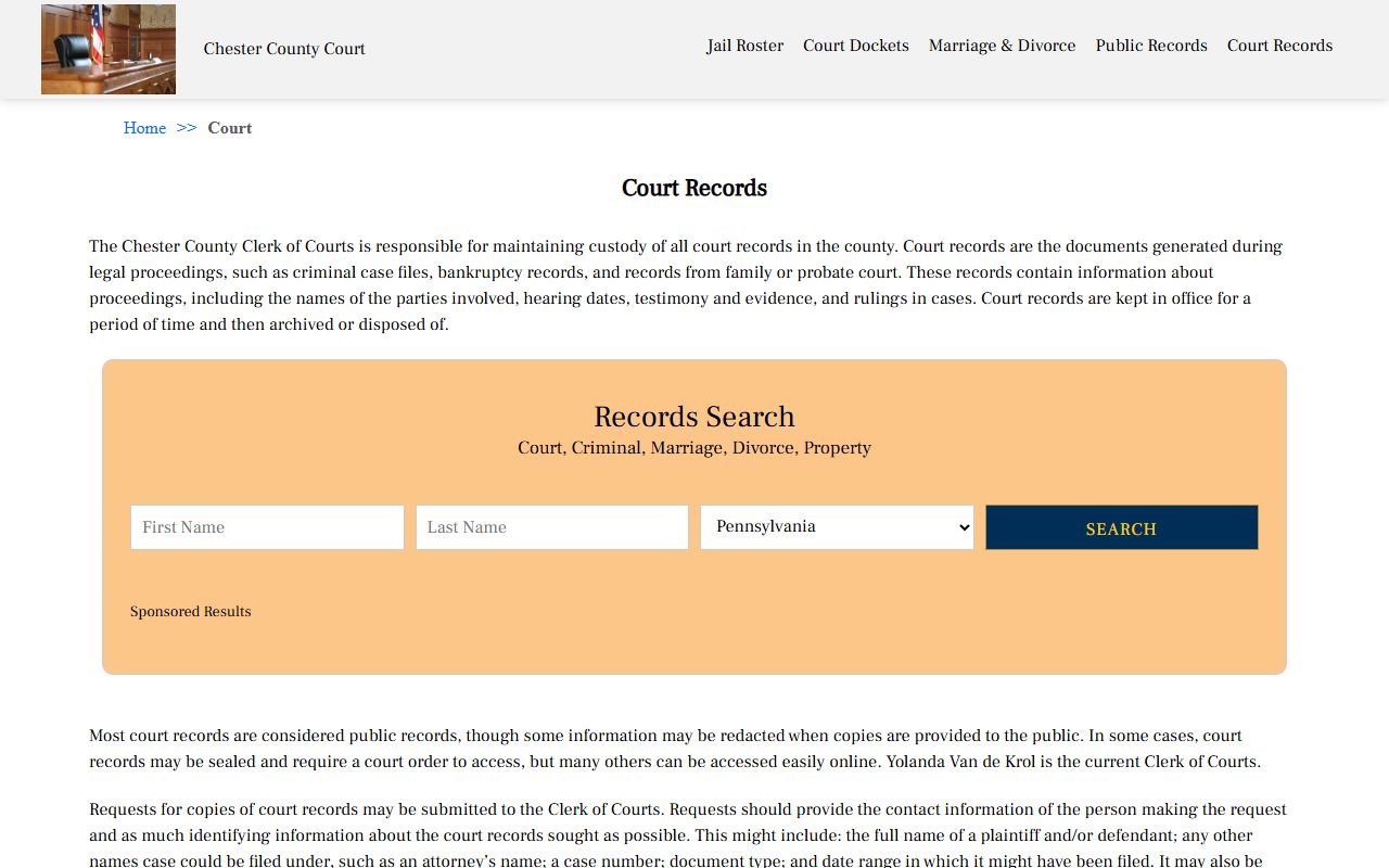 Chester County Court Records website for dockets and case filings