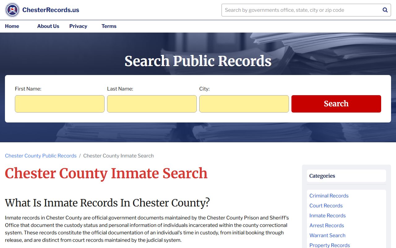 Chester County inmate search tool for current and historical booking records
