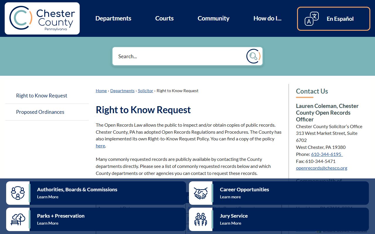 Chester County Right-to-Know Request process for public arrest records