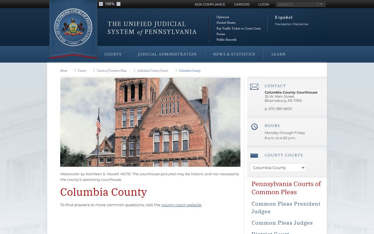Columbia County Court of Common Pleas page for criminal dockets and arrest records