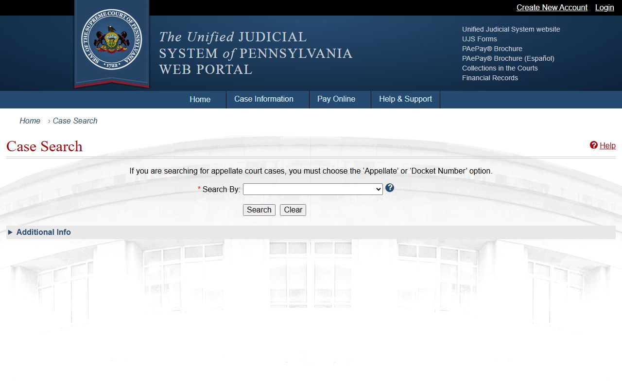 Pennsylvania UJS portal search page for Cumberland County arrest records and criminal dockets