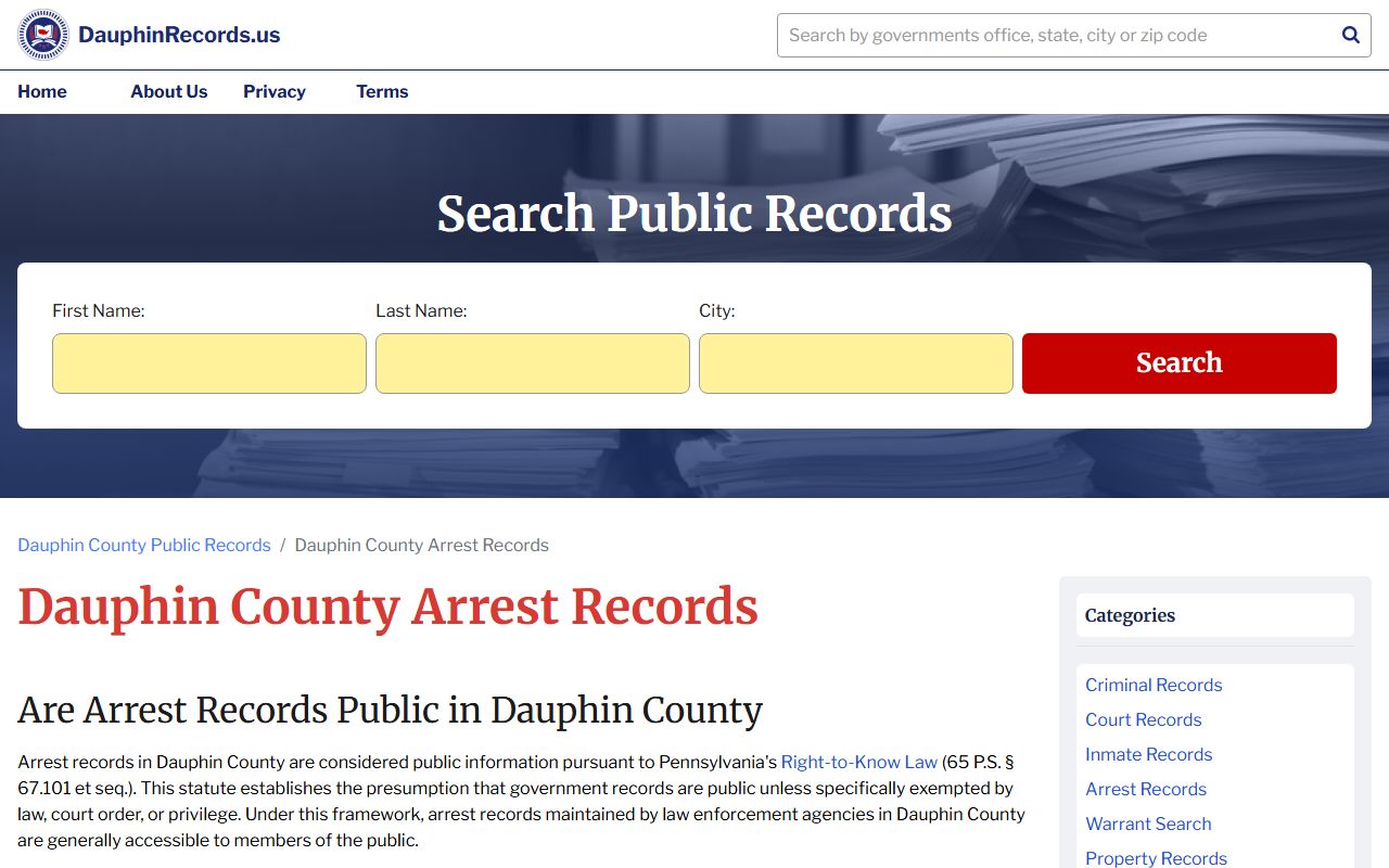 Dauphin County Sheriff's Office website for searching arrest records in Harrisburg Pennsylvania