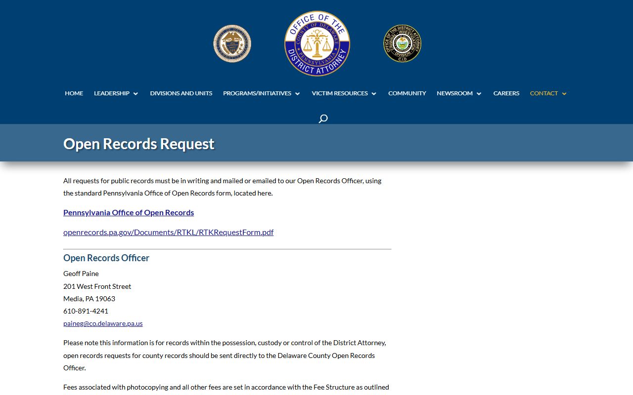 Delaware County District Attorney open records request page for criminal investigation records in Media PA