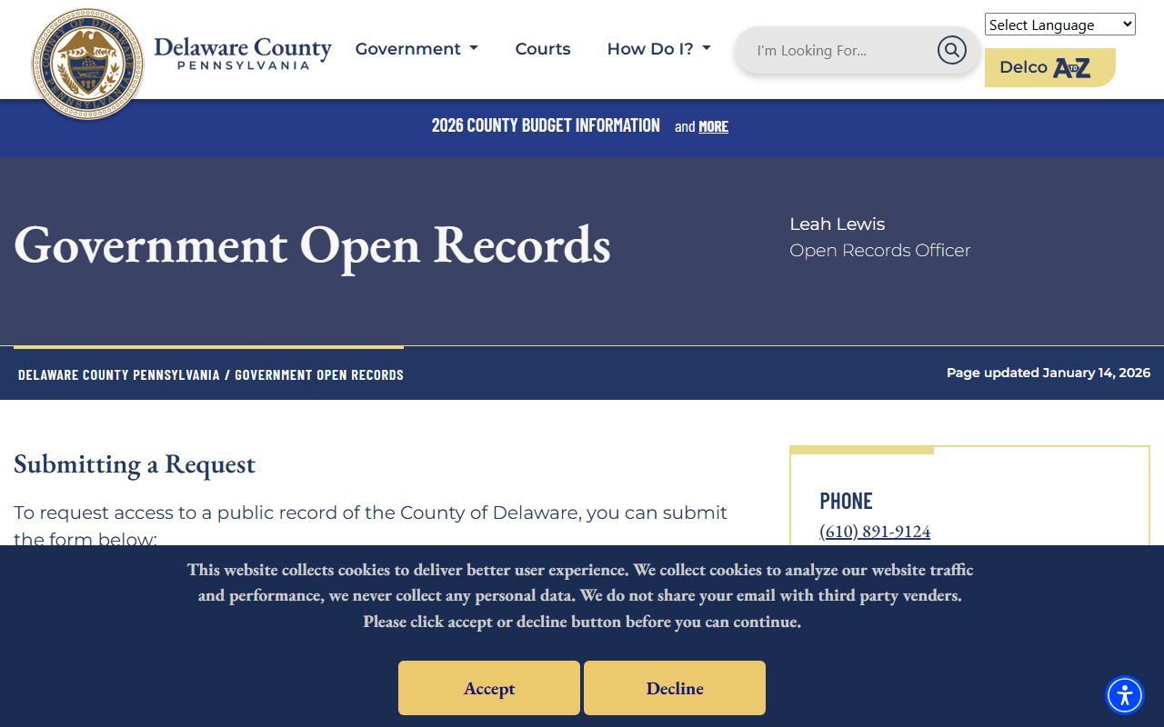 Delaware County open records office page for submitting public records requests and accessing arrest records