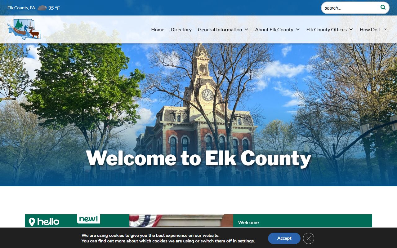 Elk County courts page showing court locations and contact information for criminal case searches in Elk County PA