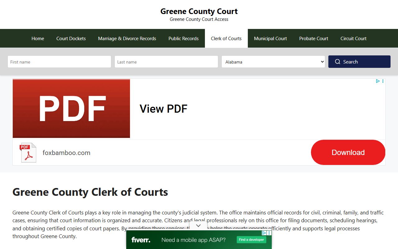Greene County Clerk of Courts office at the Greene County Courthouse in Waynesburg Pennsylvania for arrest records