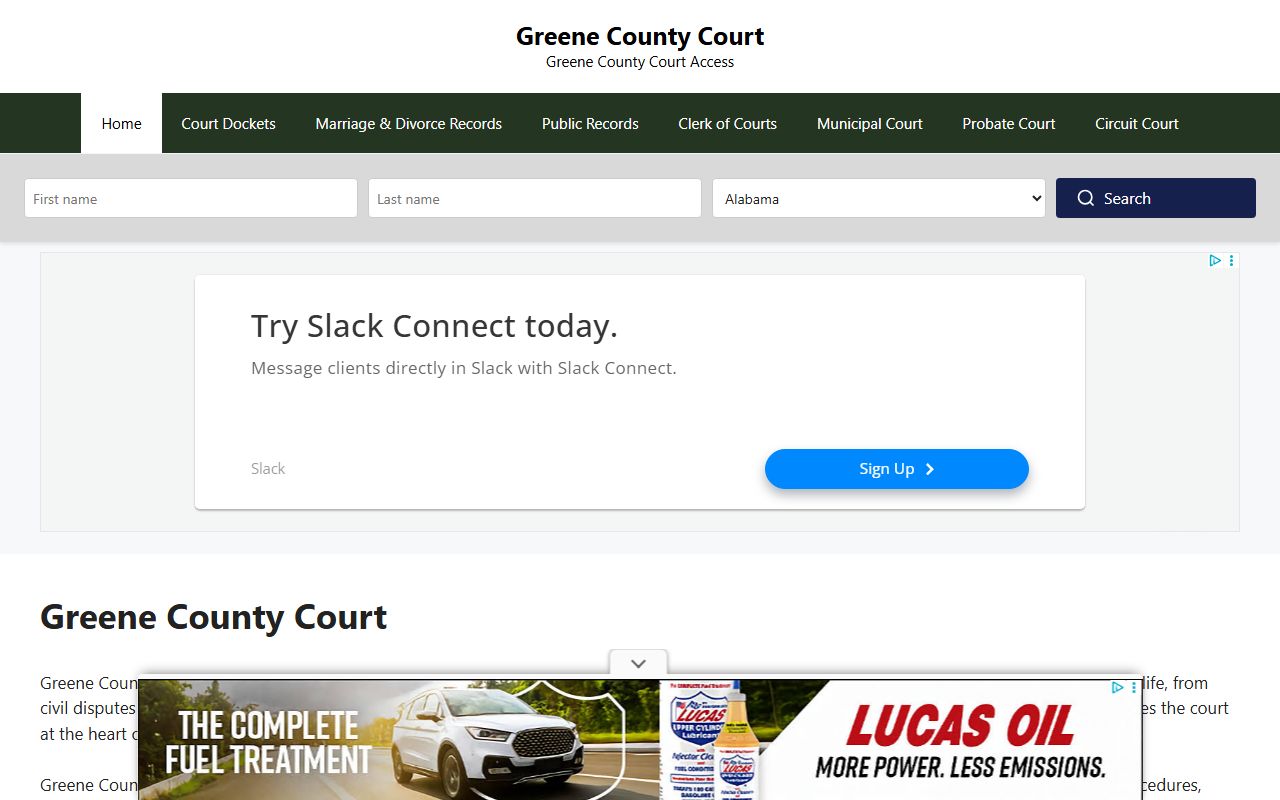 Greene County court records website at greene-county-courts.org showing criminal arrest records and case types in Waynesburg Pennsylvania