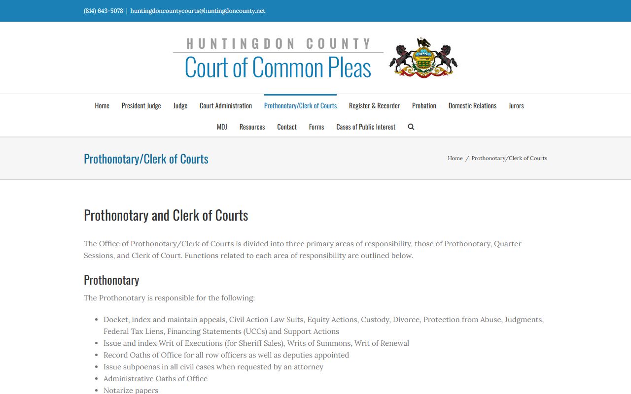 Huntingdon County Prothonotary and Clerk of Courts website for arrest records