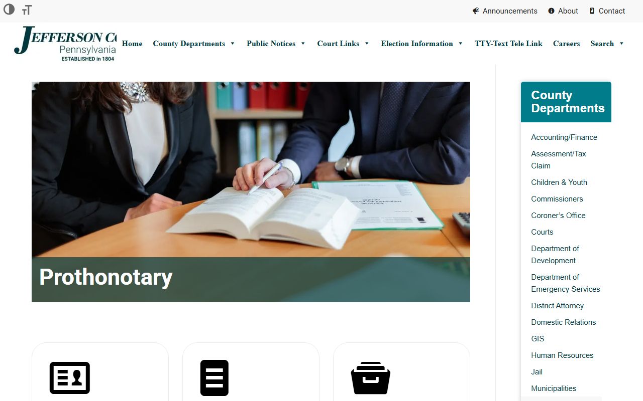 Jefferson County Prothonotary office website for criminal records and arrest cases