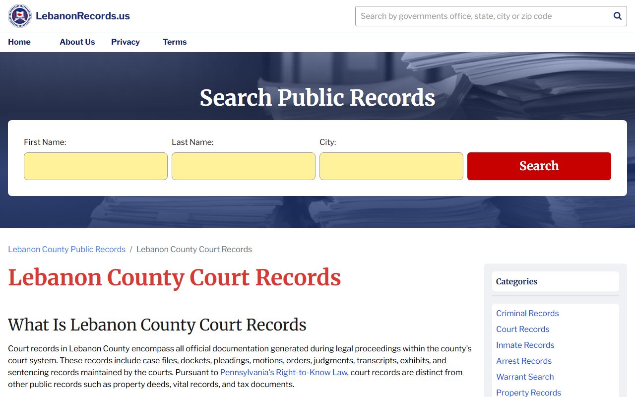 Lebanon County court records page for searching Lebanon County arrest records