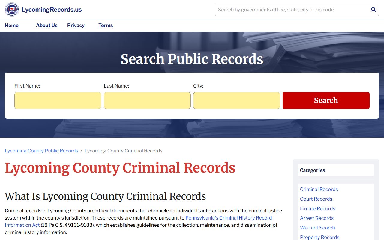 Lycoming County Clerk of Courts criminal records portal for arrest records in Williamsport Pennsylvania