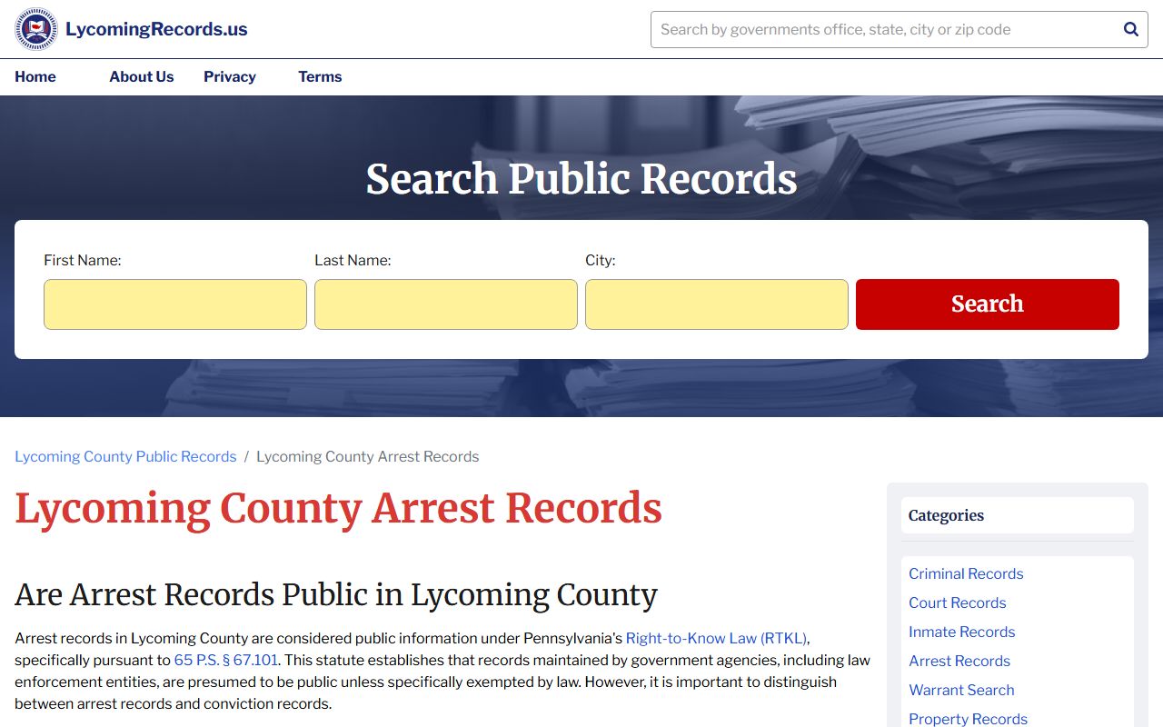 Lycoming County Sheriff's Office arrest records page in Williamsport Pennsylvania
