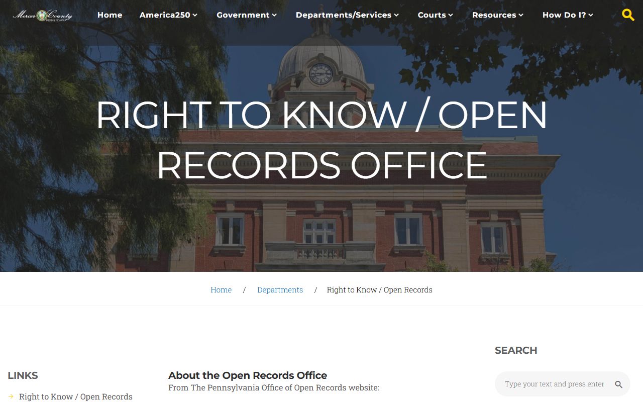 Mercer County Open Records Office page for arrest records access in Mercer Pennsylvania