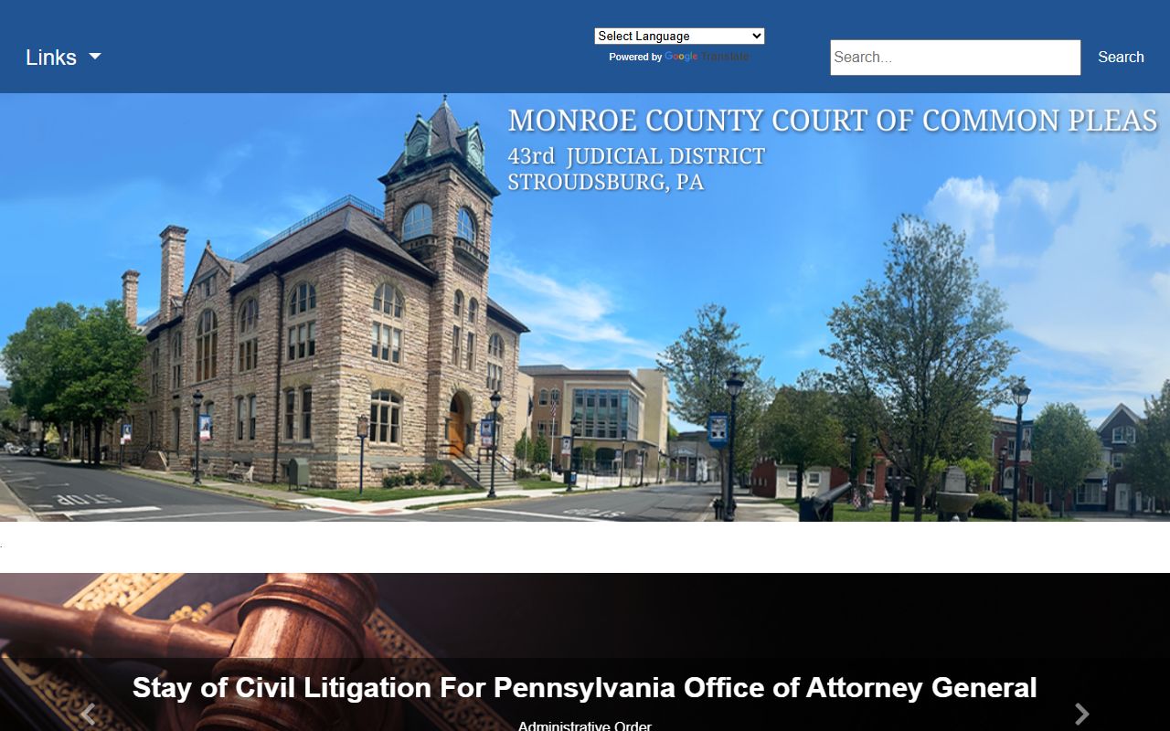 Monroe County Courts website showing criminal case records and arrest information for Stroudsburg Pennsylvania