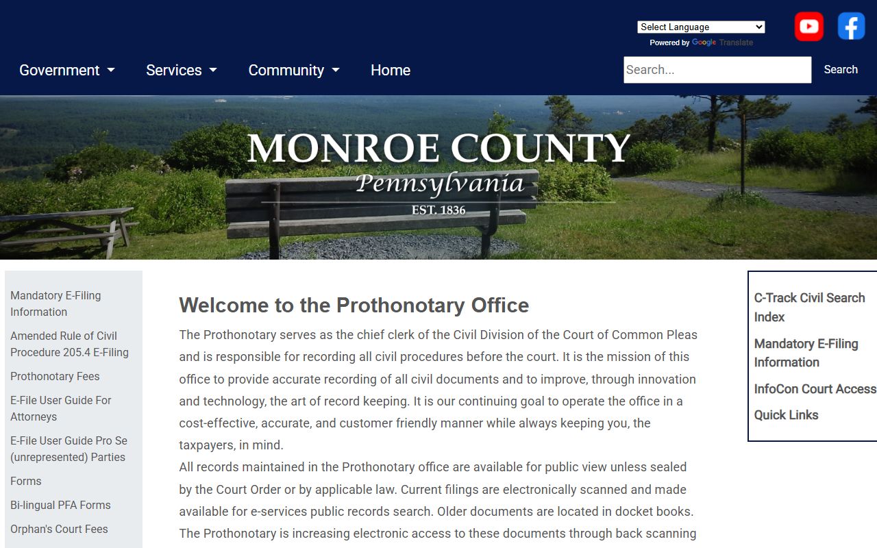 Monroe County Prothonotary CTrack search system for court records in Stroudsburg Pennsylvania