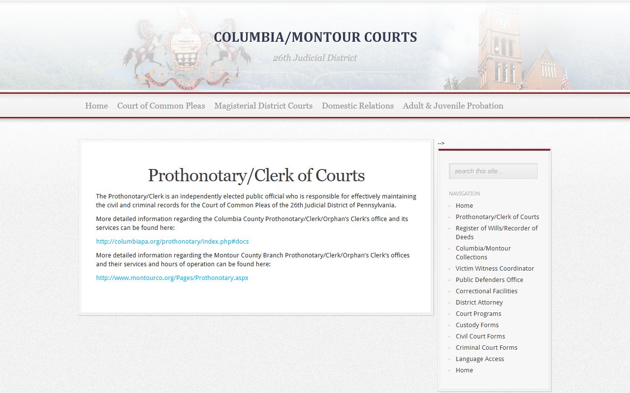 Columbia-Montour Courts Prothonotary page for Montour County arrest records in Danville Pennsylvania