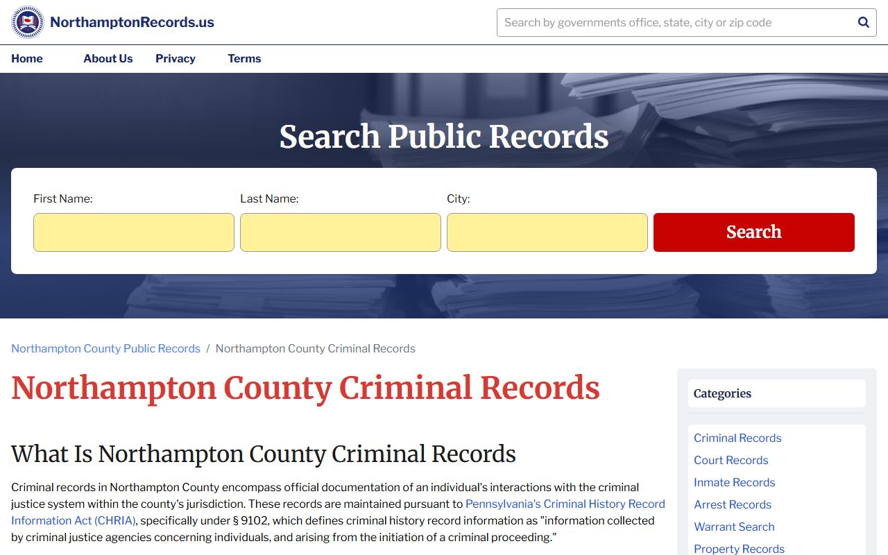 Northampton County Criminal Division records page for arrest and court case records in Easton Pennsylvania