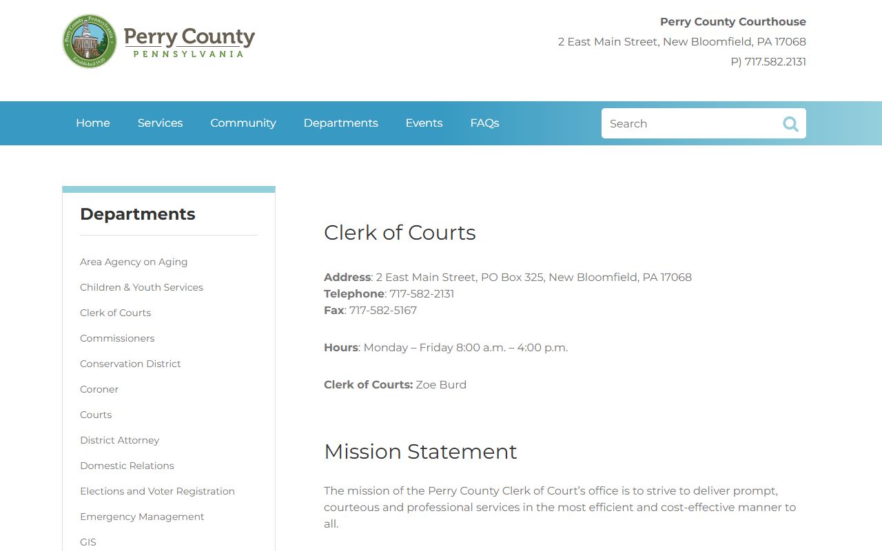 Perry County Clerk of Courts page at perryco.org for criminal and arrest records in New Bloomfield Pennsylvania
