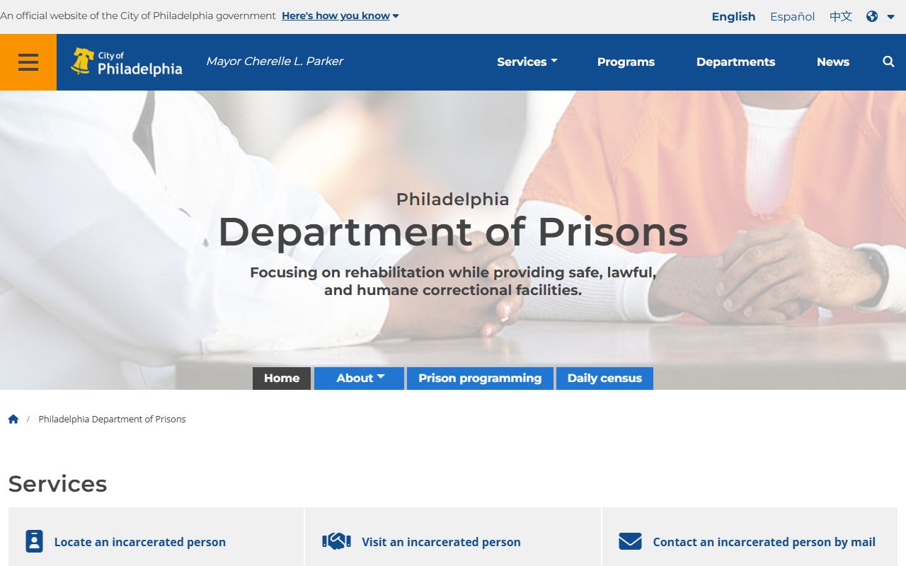 Philadelphia Department of Prisons website for Philadelphia County arrest records and inmate information