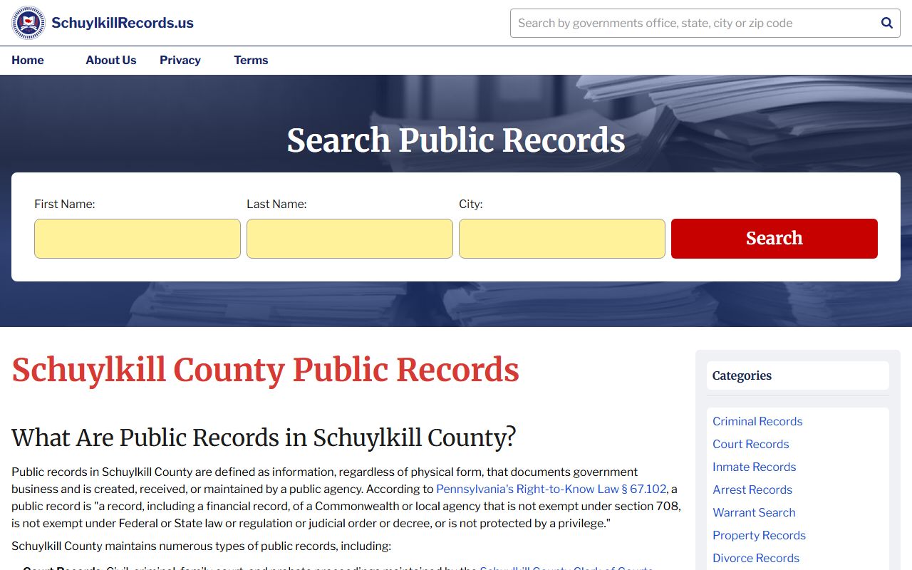 Schuylkill County Clerk of Courts resource page for Schuylkill County arrest records