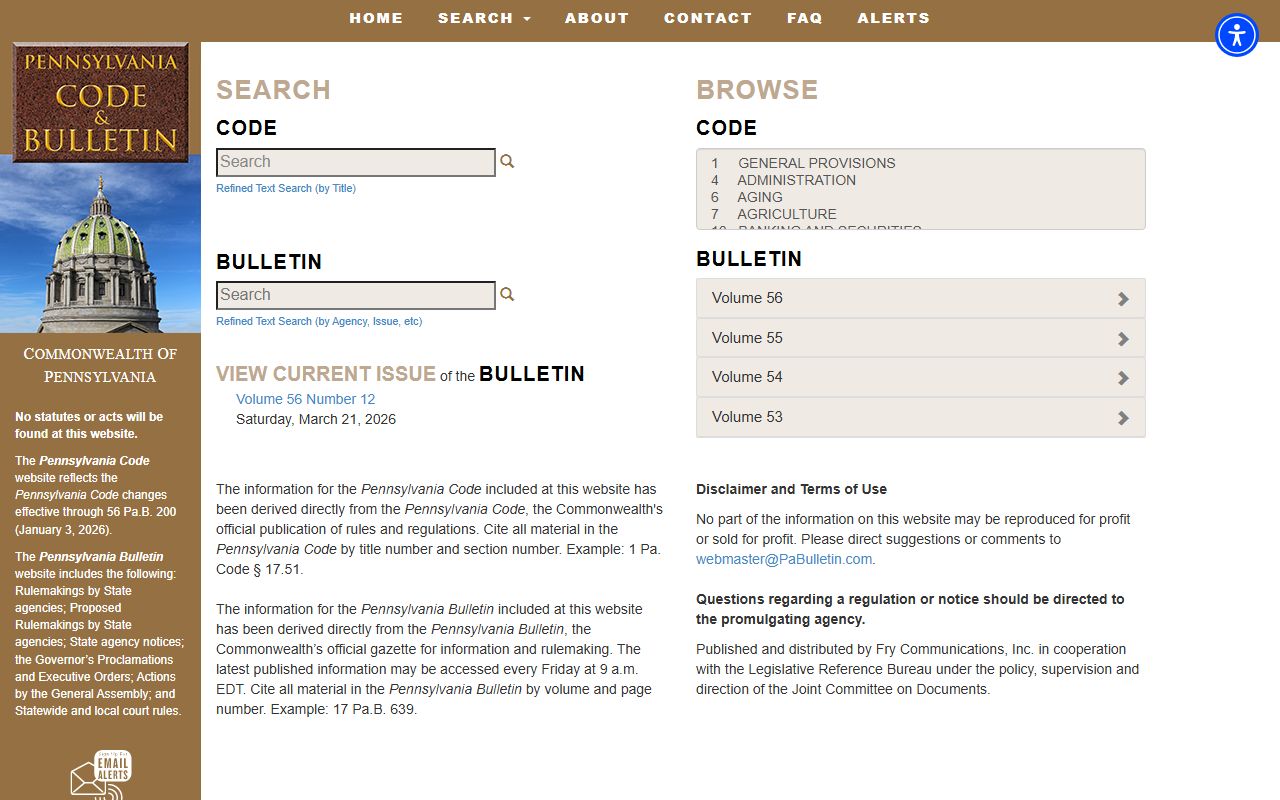 Pennsylvania Code and Bulletin site where Snyder County public access rules for arrest records are published