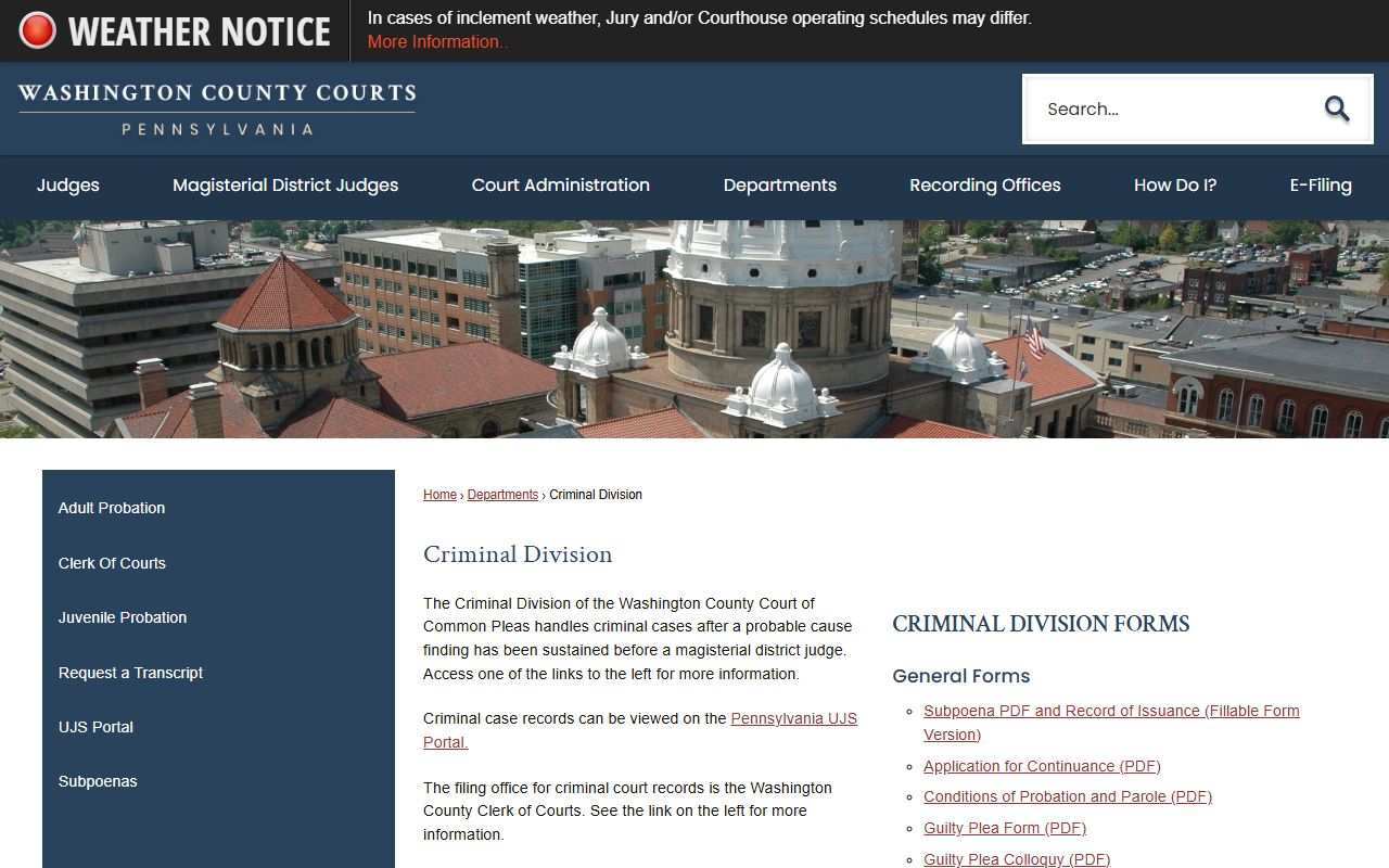 Washington County Criminal Division records and docket access
