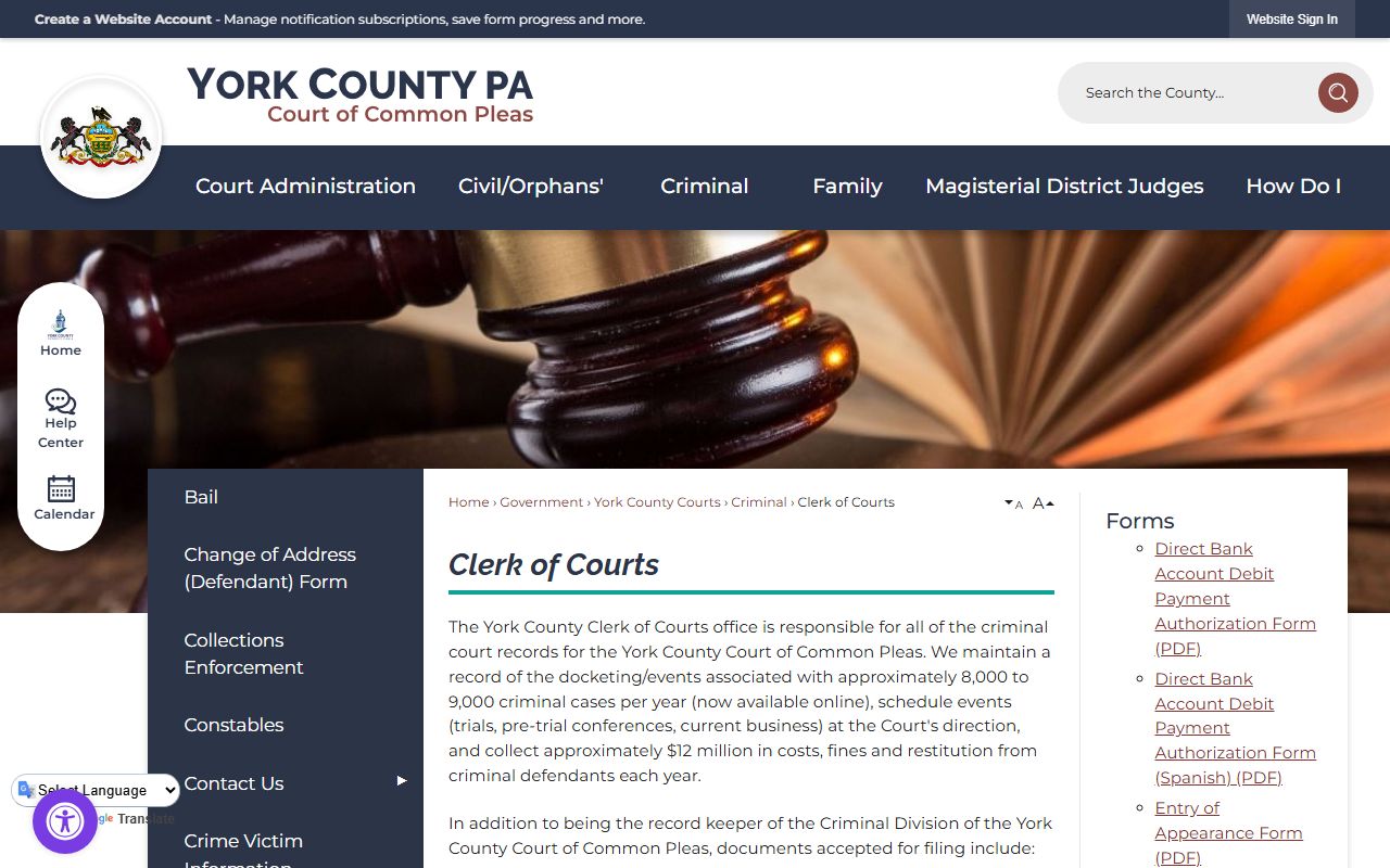 York County Clerk of Courts for York County arrest records