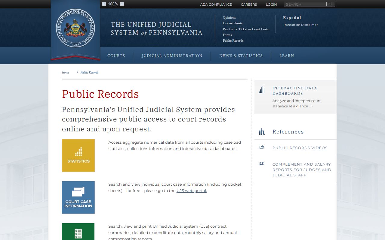 Pennsylvania arrest records and court case information accessed through the Pennsylvania Courts public records system