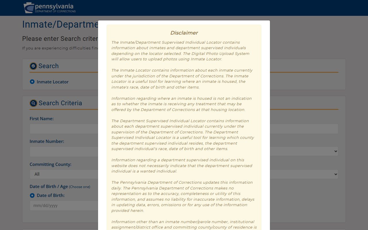 Pennsylvania arrest records and inmate status tracked through the Department of Corrections inmate locator